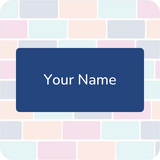 Rounded name tag with "Your Name" in white on a navy background, set against a pastel brick pattern. 