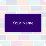 Rounded name tag with "Your Name" in white on an a purple background, set against a pastel brick pattern. 
