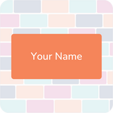 Rounded name tag with "Your Name" in white on an orange background, set against a pastel brick pattern. 