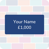 A rectangular navy card with rounded corners displays "Your Name £1000" against a brick-patterned background.