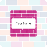 Colorful tiled background with a central pink brick square and white name plate labeled "Your Name."