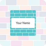 Colorful tiled background with a central teal brick square and white name plate labeled "Your Name."