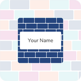 Colorful tiled background with a central navy brick square and white name plate labeled "Your Name."