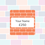 Graphic of a orange brick wall pattern with a white label displaying ‘Your Name £250’